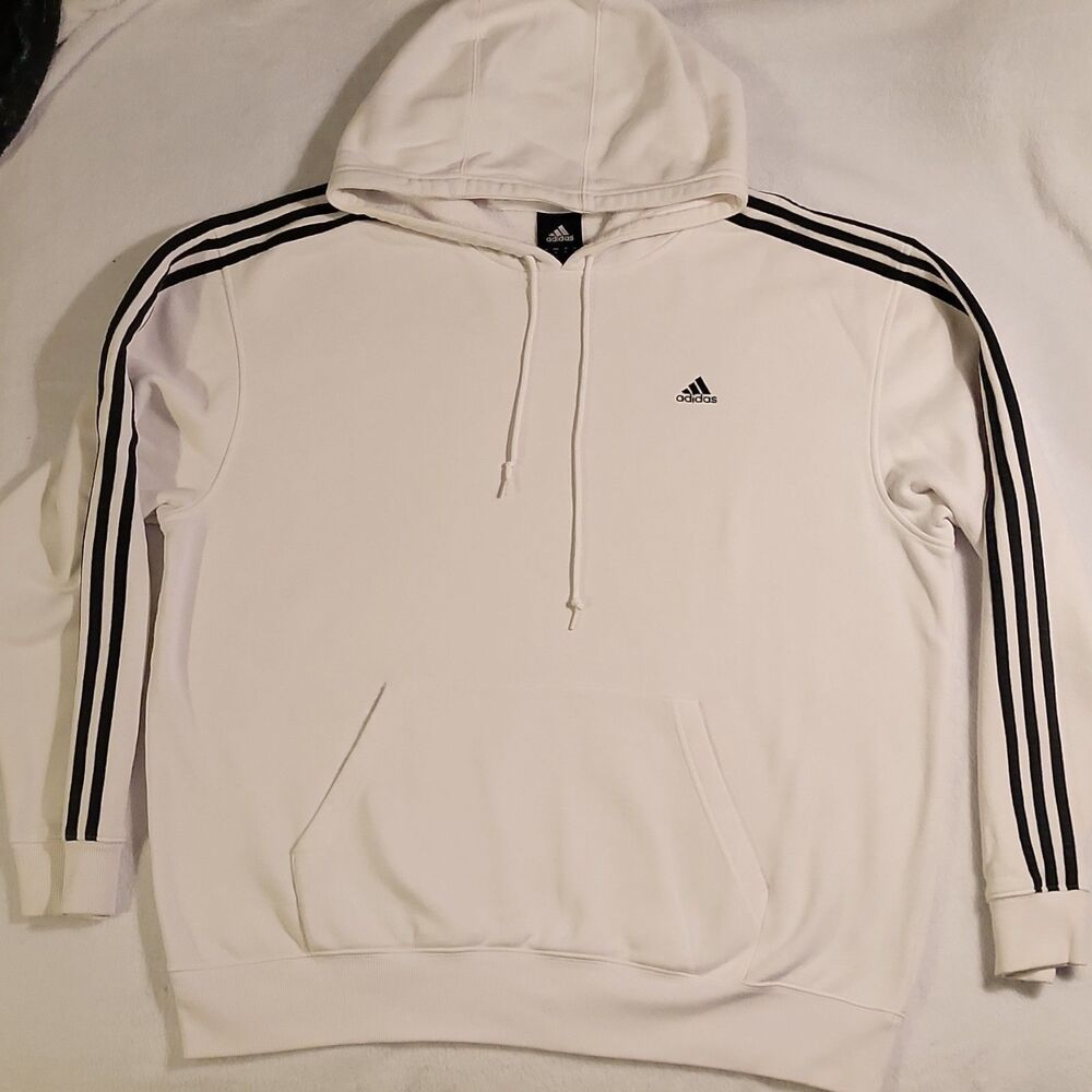 Adidas White Striped Pullover Hoodie kangaroo Pocket Men's XL EUC Fast Ship